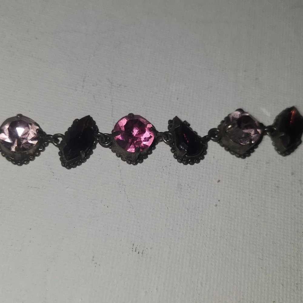 Vintage Style Pink purple Rhinestone Toggle Link Bracelet‎ Antiqued Silver Tone